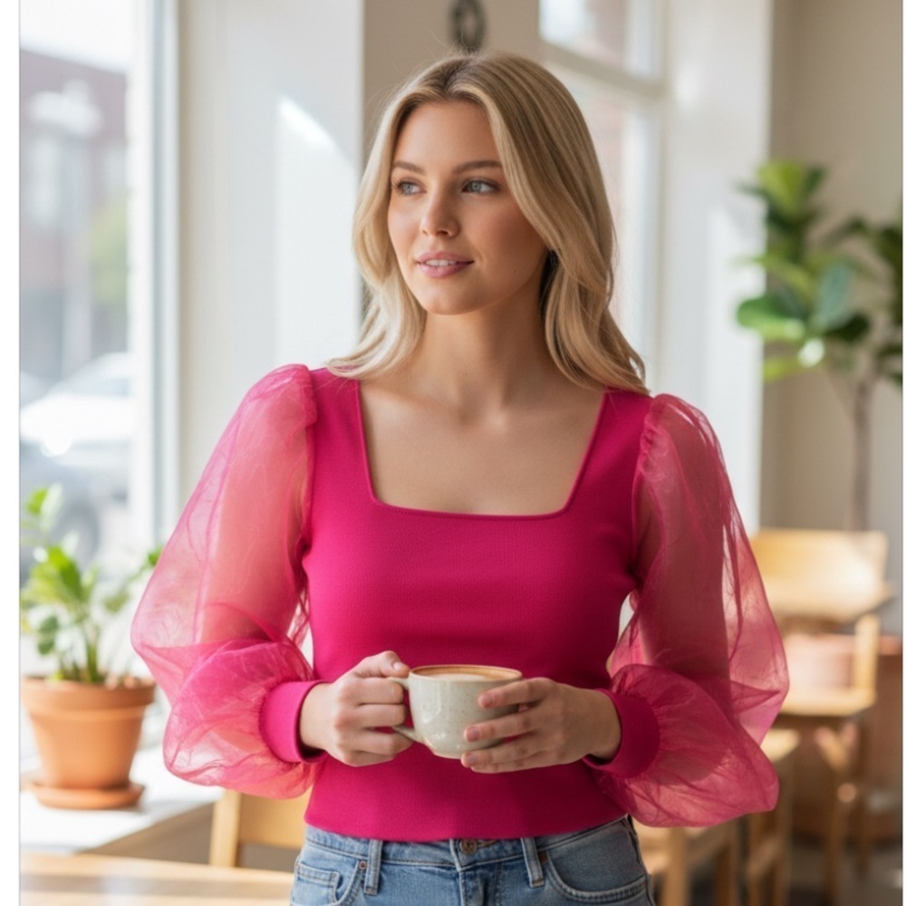 House of Harlow 1960 Hot Pink Sheer Puff Long Sleeve Cropped Knit Top Sz XS